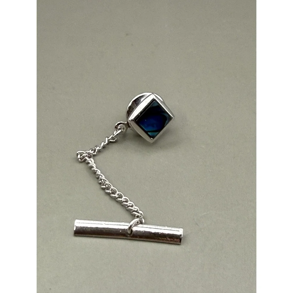 Tie Tack Silver Tone Blue Inlay Square Stone Men Accessory Chain Bar